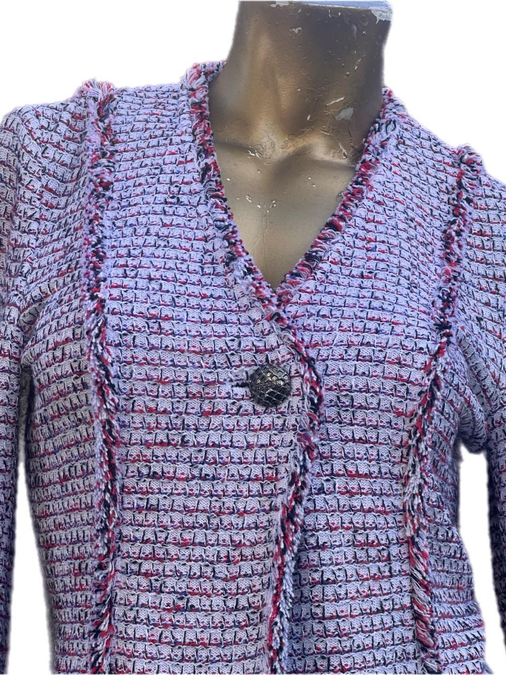 St. John Textured Knit Fringe Trim Jacket White Red Blue Novelty Weave Blazer - Picture 3 of 11
